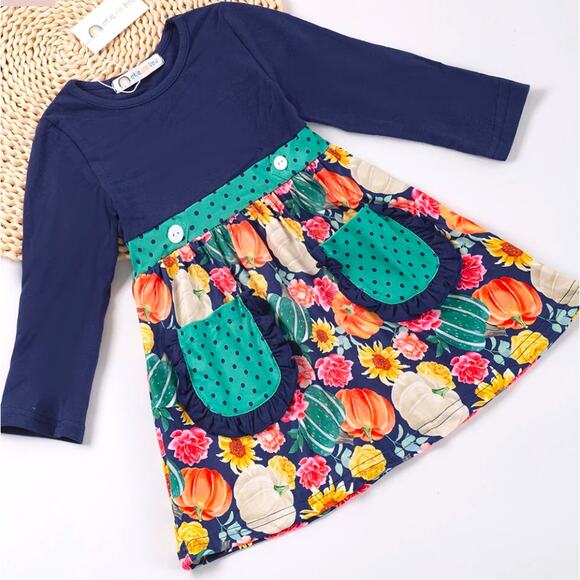 Toddler Girls 2T (S) Okie & Lou Blue Green Floral Pumpkins Harvest Dress - Picture 7 of 8